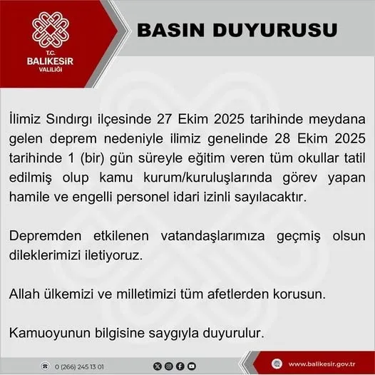 Balıkesir’de okullar deprem nedeniyle 1 gün tatil edildi
