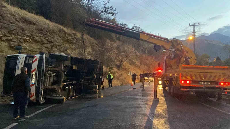 Kemaliye’de canlı hayvan taşıyan çekici devrildi: 2 hayvanın ayağı kırıldı
