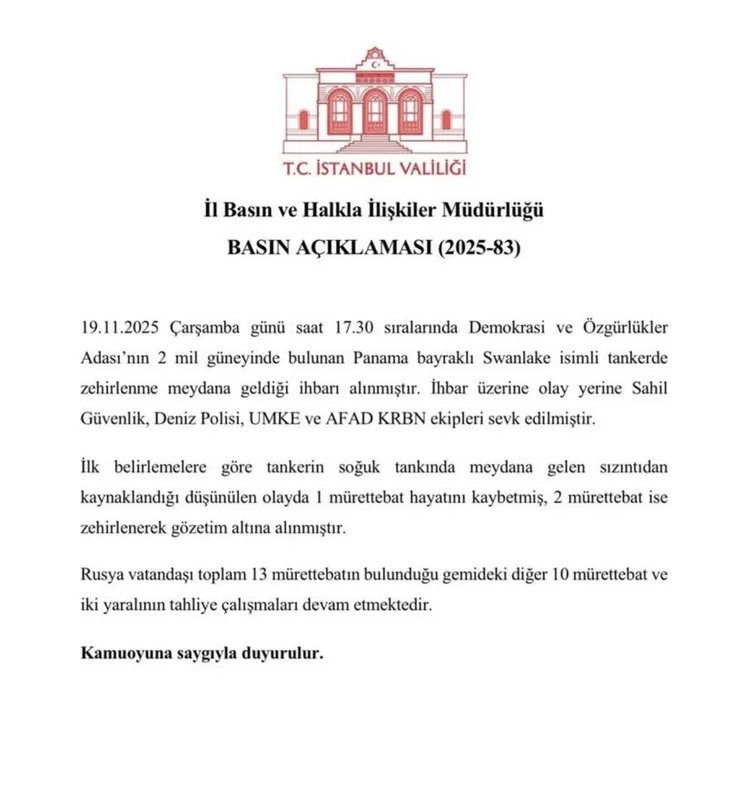 Tanker gemisinde zehirlenme vakası: 1 ölü
