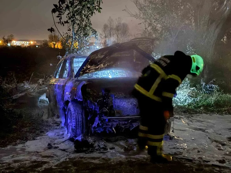Tarlada park halindeki otomobil alev topuna döndü, geriye demir yığınları kaldı
