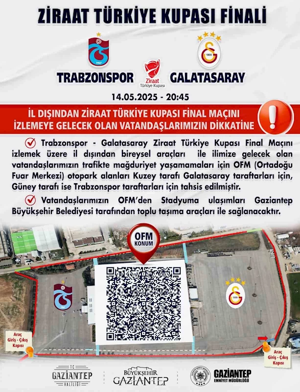 Türkiye Kupası finaline araçlarıyla gelecek taraftarlar için Gaziantep’teki otopark alanları belirlendi
