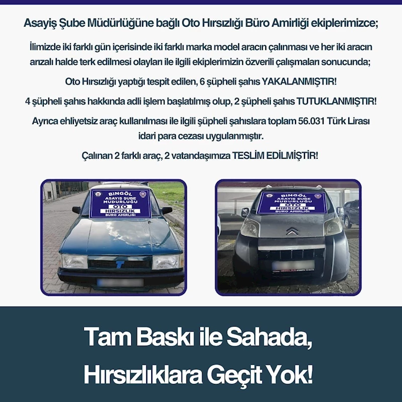 Bingöl’de oto hırsızlığı yapan 6 şüpheli yakalandı
