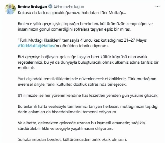 Emine Erdoğan’dan Türk Mutfağı Haftası paylaşımı
