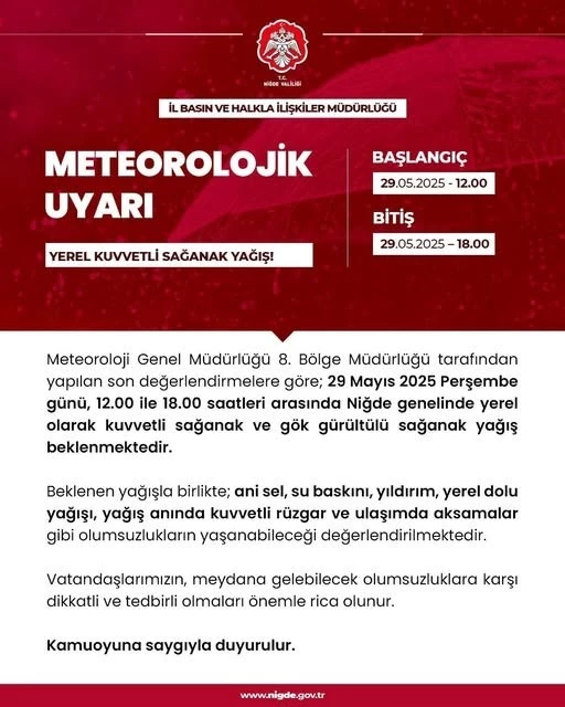Niğde’de kuvvetli sağanak yağış uyarısı
