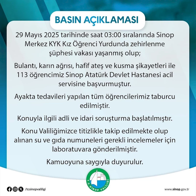 Sinop’ta 113 öğrenci zehirlenme şüphesiyle hastaneye başvurdu
