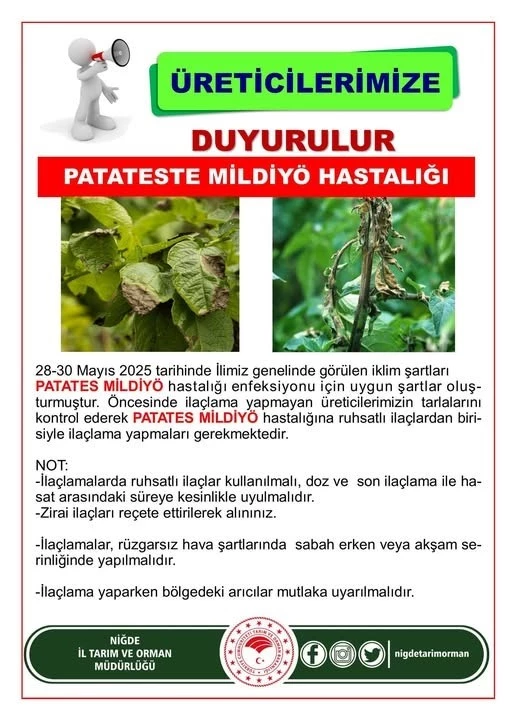 Niğde İl Tarım ve Orman Müdürlüğü’nden üreticilere mildiyö uyarısı
