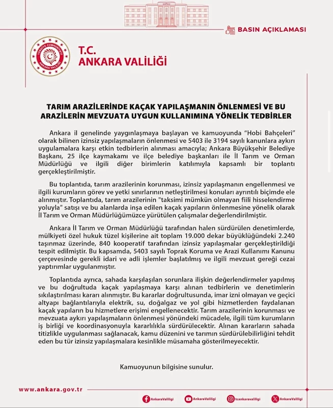 Ankara Valiliği’nden hobi bahçelerine ilişkin karar: Kaçak yapılara yasak
