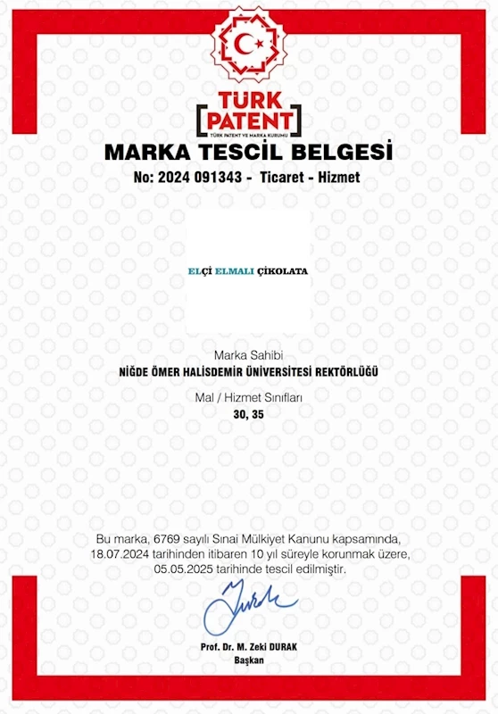 NÖHÜ’nün ’Elçi Elmalı Çikolata’ markası tescillendi
