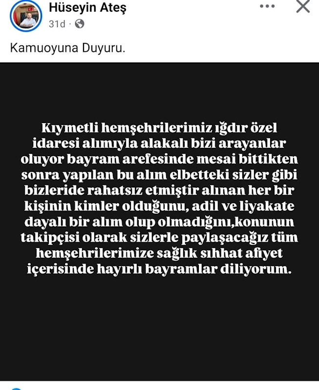 MHP İl Başkanından Iğdır İl Özel İdaresi personel alımına tepki
