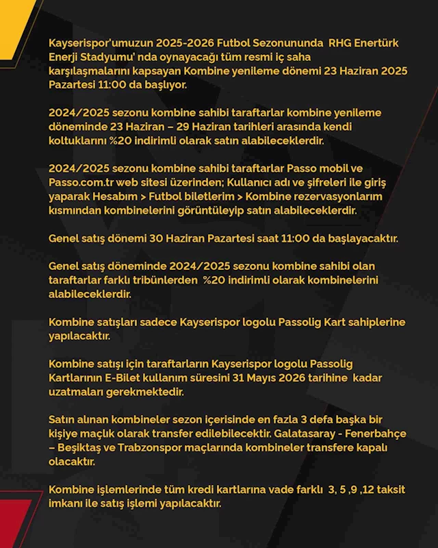 Kayserispor, kombine bilet fiyatlarını belirledi
