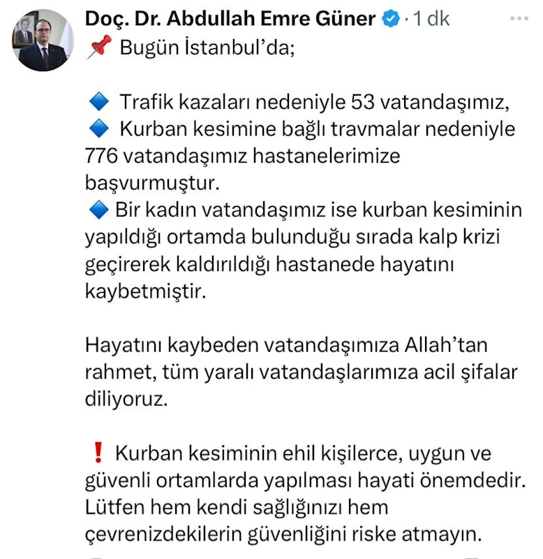 İstanbul İl Sağlık Müdürü Doç. Dr. Abdullah Emre Güner, bayram bilançosunu açıkladı
