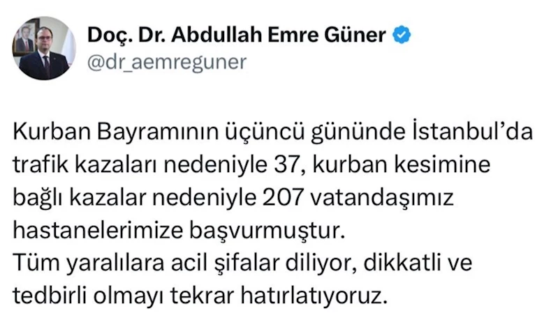İstanbul’da bayramın 3’üncü gününde 244 kişi hastaneye başvurdu
