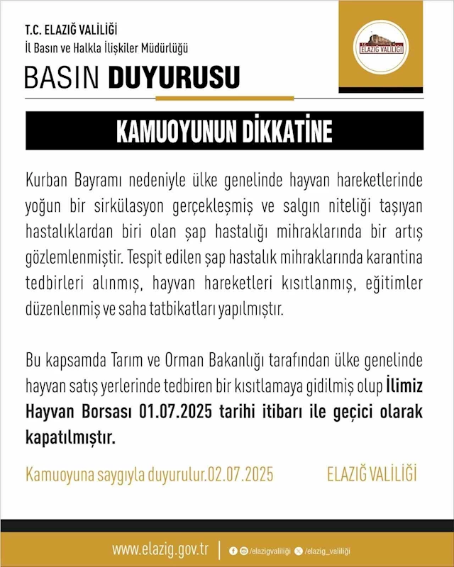 Elazığ Hayvan Borsası, şap tedbirleri kapsamında geçici olarak kapatıldı

