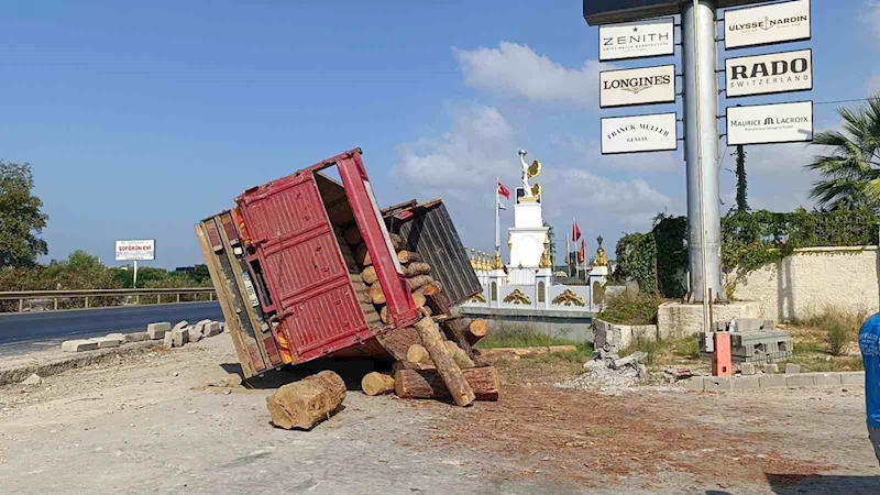 Lastiği patlayan tomruk yüklü kamyon devrildi, sürücü kazayı burnu bile kanamadan atlattı
